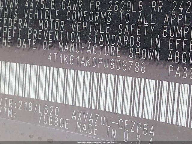 4T1K61AK0PU806786 Toyota CAMRY XSE