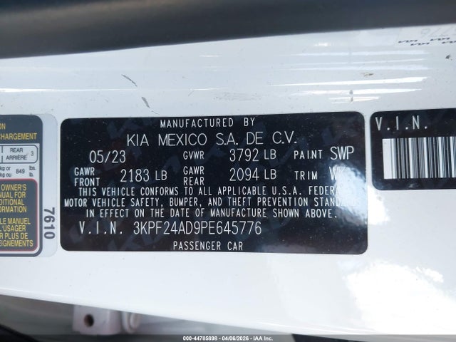 Продаж на аукціоні авто 2023 Kia Forte Lxs, vin: 3KPF24AD9PE645776, номер лоту: 44785898