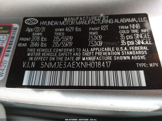 Продажа на аукционе авто 2022 Hyundai Tucson Limited, vin: 5NMJE3AEXNH018417, номер лота: 44785908