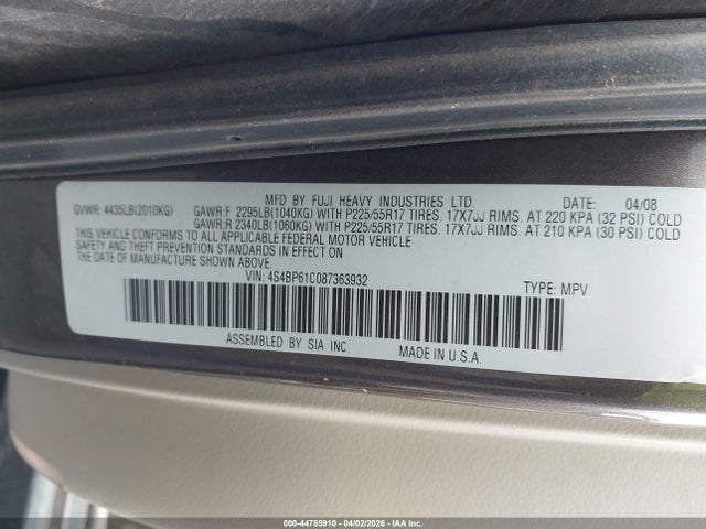 Продаж на аукціоні авто 2008 Subaru Outback 2.5i/2.5i L.l. Bean Edition, vin: 4S4BP61C087363932, номер лоту: 44785910