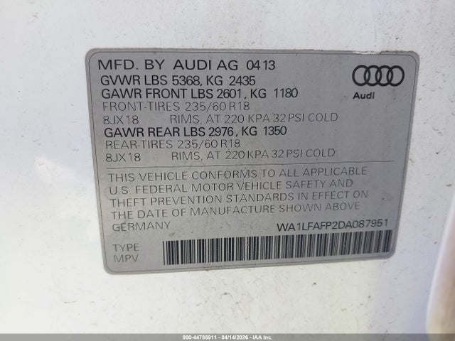 Продаж на аукціоні авто 2013 Audi Q5 2.0t Premium, vin: WA1LFAFP2DA087951, номер лоту: 44785911