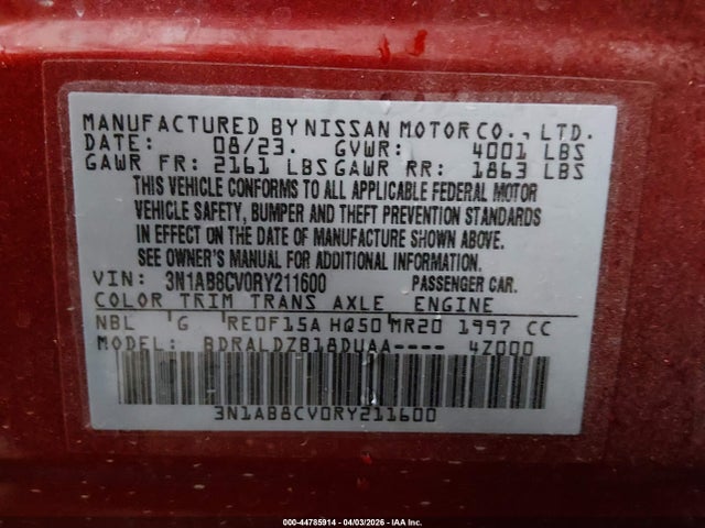 Aukcja sprzedaży 2024 Nissan Sentra Sv Xtronic Cvt, vin: 3N1AB8CV0RY211600, numer aukcji: 44785914