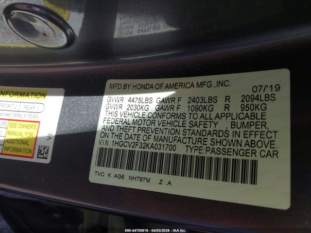 1HGCV2F32KA031700 Honda Accord Sport 2.0t
