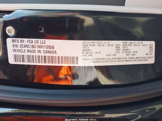 Продаж на аукціоні авто 2022 Chrysler Pacifica Touring L, vin: 2C4RC1BG1NR112656, номер лоту: 44785918