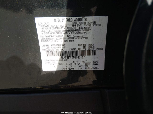 44785922 :رقم المزاد ، 1FAHP2FWXCG142167 vin ، 2012 Ford Taurus Limited مزاد بيع