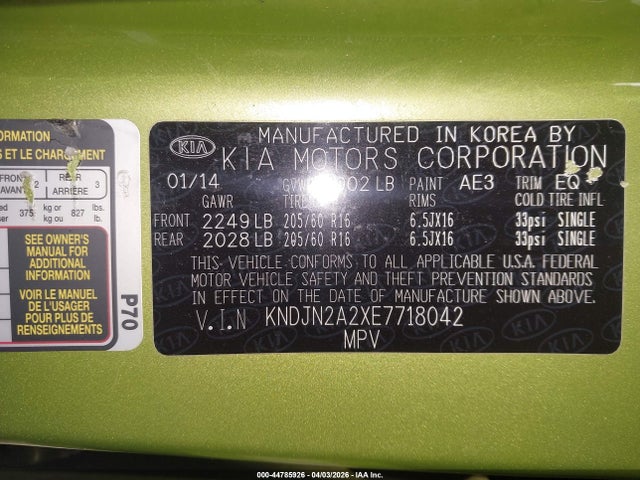 Aukcja sprzedaży 2014 Kia Soul, vin: KNDJN2A2XE7718042, numer aukcji: 44785926