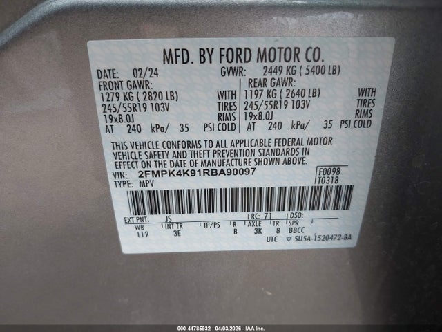 44785932 :رقم المزاد ، 2FMPK4K91RBA90097 vin ، 2024 Ford Edge Titanium مزاد بيع