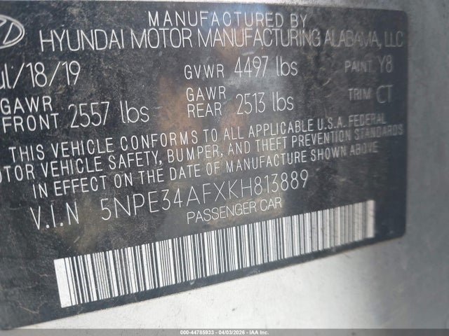 2019 HYUNDAI SONATA 5NPE34AFXKH813889 Photo 8