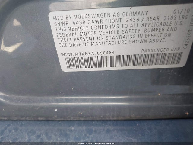 Продаж на аукціоні авто 2010 Volkswagen Passat Komfort, vin: WVWJM7AN8AE098484, номер лоту: 44785949