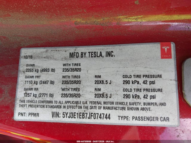 Aukcja sprzedaży 2018 Tesla Model 3 Long Range/performance, vin: 5YJ3E1EB7JF074744, numer aukcji: 44785956