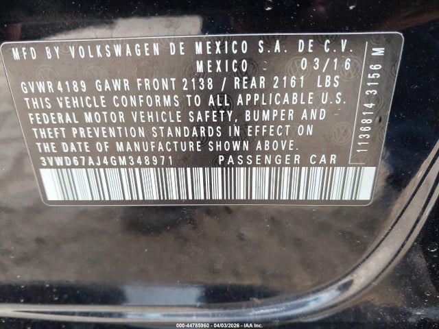 44785960 :رقم المزاد ، 3VWD67AJ4GM348971 vin ، 2016 Volkswagen Jetta 1.4t Se مزاد بيع