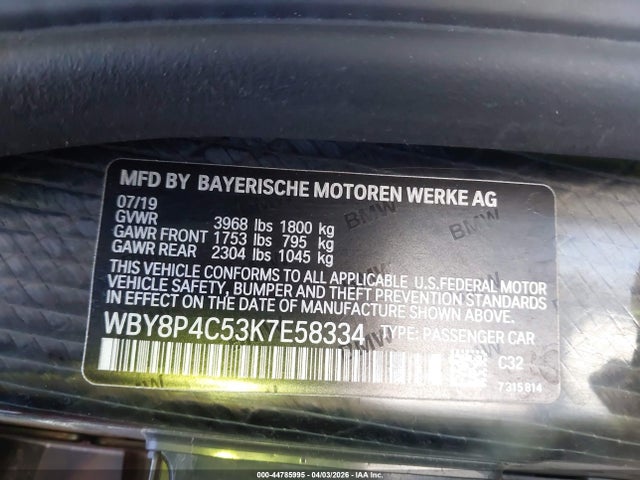 Aukcja sprzedaży 2019 Bmw I3 120ah W/range Extender, vin: WBY8P4C53K7E58334, numer aukcji: 44785995
