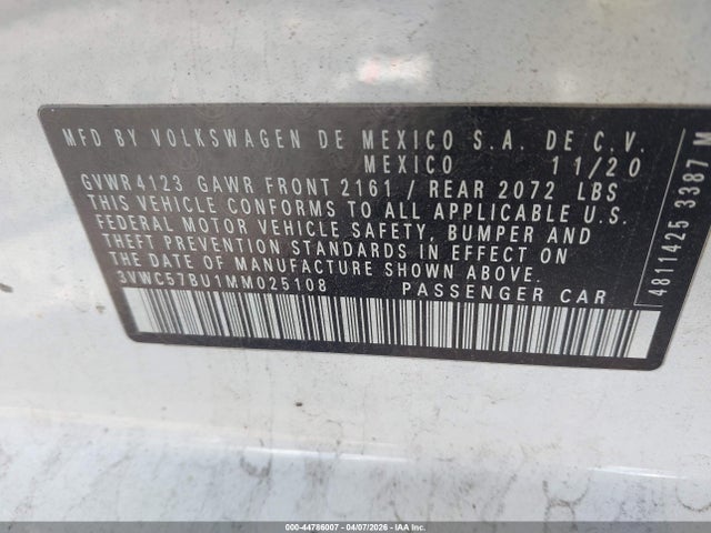 Продажа на аукционе авто 2021 Volkswagen Jetta 1.4t R-line/1.4t S/1.4t Se, vin: 3VWC57BU1MM025108, номер лота: 44786007