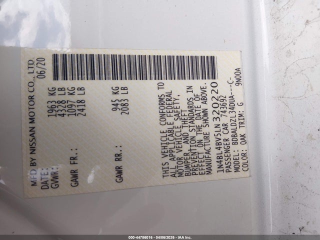 44786016 :رقم المزاد ، 1N4BL4BV5LN320220 vin ، 2020 Nissan Altima S Fwd مزاد بيع