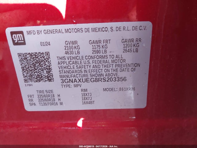 2024 Chevrolet Equinox Awd Lt მანქანა იყიდება აუქციონზე, vin: 3GNAXUEG8RS203356, აუქციონის ნომერი: 44786019