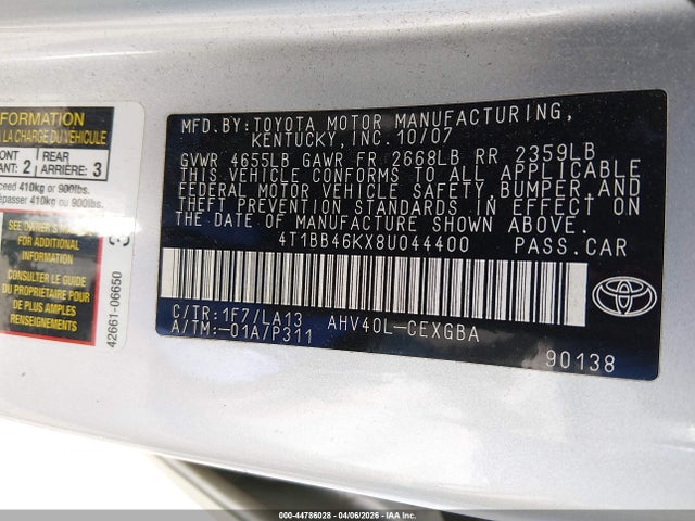 2008 Toyota Camry Hybrid მანქანა იყიდება აუქციონზე, vin: 4T1BB46KX8U044400, აუქციონის ნომერი: 44786028