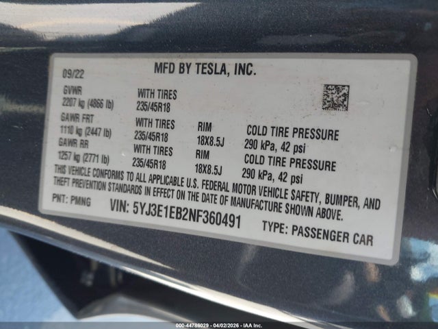 Aukcja sprzedaży 2022 Tesla Model 3 Long Range Dual Motor All-wheel Drive, vin: 5YJ3E1EB2NF360491, numer aukcji: 44786029