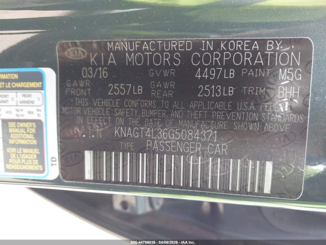 KNAGT4L36G5084371 KIA Optima Lx