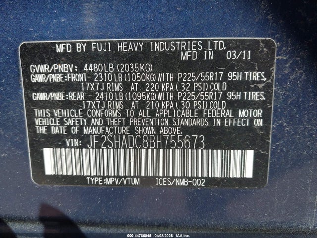 Продаж на аукціоні авто 2011 Subaru Forester 2.5x Premium, vin: JF2SHADC8BH755673, номер лоту: 44786045