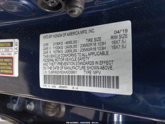 44786051 :رقم المزاد ، 5J6RW2H50KA006891 vin ، 2019 Honda Cr-v Ex مزاد بيع