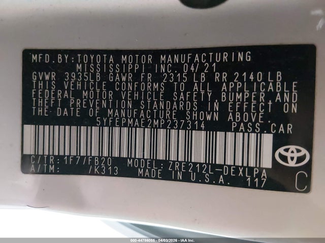 Продаж на аукціоні авто 2021 Toyota Corolla Le, vin: 5YFEPMAE2MP237314, номер лоту: 44786055