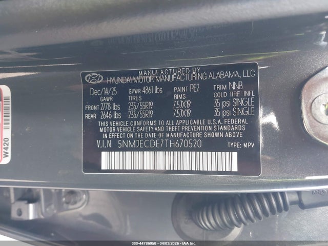 2026 Hyundai Tucson Limited მანქანა იყიდება აუქციონზე, vin: 5NMJECDE7TH670520, აუქციონის ნომერი: 44786058