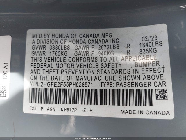 Продаж на аукціоні авто 2023 Honda Civic Sport, vin: 2HGFE2F55PH528571, номер лоту: 44786076