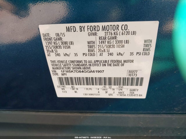 1FM5K7D84GGA61907 Ford EXPLORER XLT