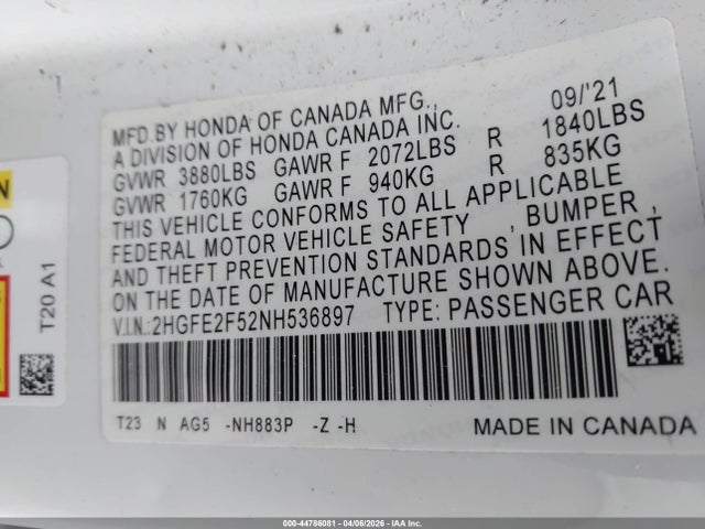2HGFE2F52NH536897 Honda Civic Sport