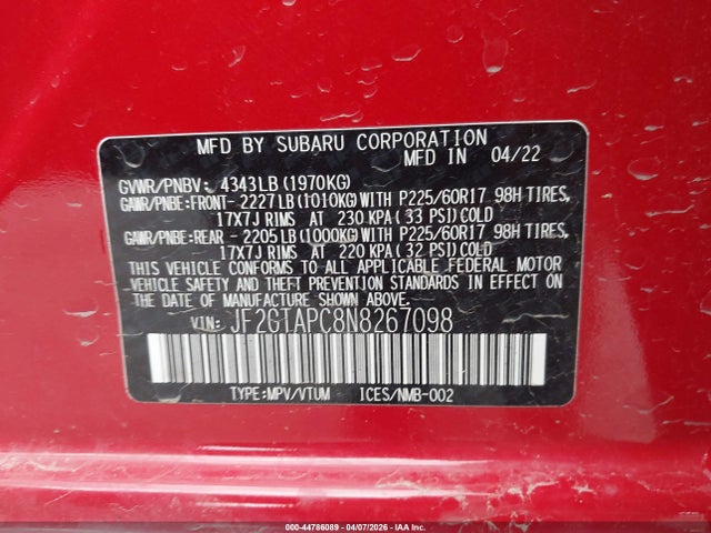 2022 Subaru Crosstrek Premium მანქანა იყიდება აუქციონზე, vin: JF2GTAPC8N8267098, აუქციონის ნომერი: 44786089