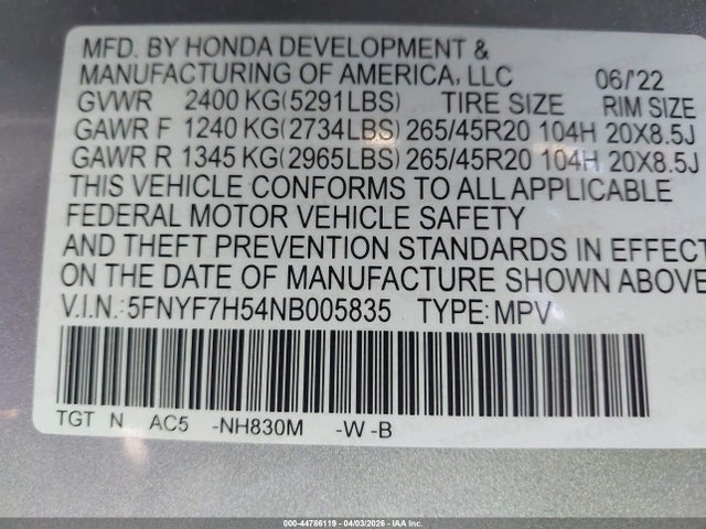 5FNYF7H54NB005835 Honda Passport 2wd Ex-l