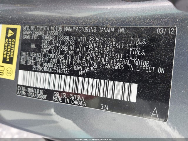 Продаж на аукціоні авто 2012 Lexus Rx 350, vin: 2T2BK1BAXCC148337, номер лоту: 44786123