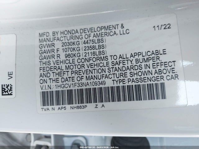 1HGCV1F33NA109349 Honda Accord Sport