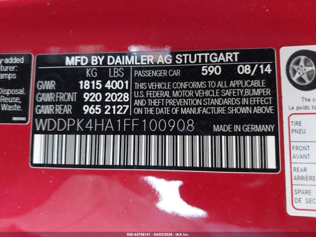 2015 Mercedes-benz Slk 250 მანქანა იყიდება აუქციონზე, vin: WDDPK4HA1FF100908, აუქციონის ნომერი: 44786141