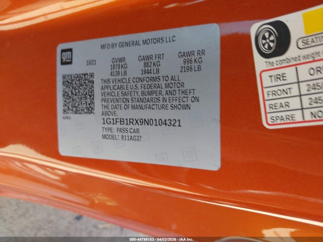 1G1FB1RX9N0104321 Chevrolet Camaro Rwd 1lt