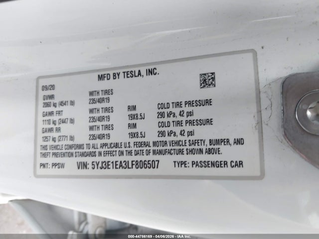 Продаж на аукціоні авто 2020 Tesla Model 3 Standard Range Plus Rear-wheel Drive/standard Range Rear-wheel Drive, vin: 5YJ3E1EA3LF806507, номер лоту: 44786169
