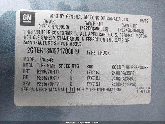 Продажа на аукционе авто 2007 Gmc Sierra 1500 Sle1, vin: 2GTEK13M971700019, номер лота: 44786189
