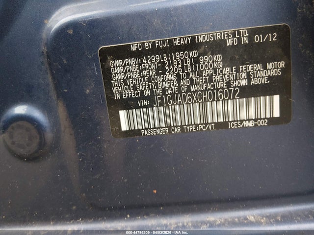 Aukcja sprzedaży 2012 Subaru Impreza 2.0i Premium, vin: JF1GJAD6XCH016072, numer aukcji: 44786209