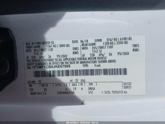 Auction sale of the 2018 Ford F-150 Xl, vin: 1FTMF1CB9JKE67569, lot number: 44786212