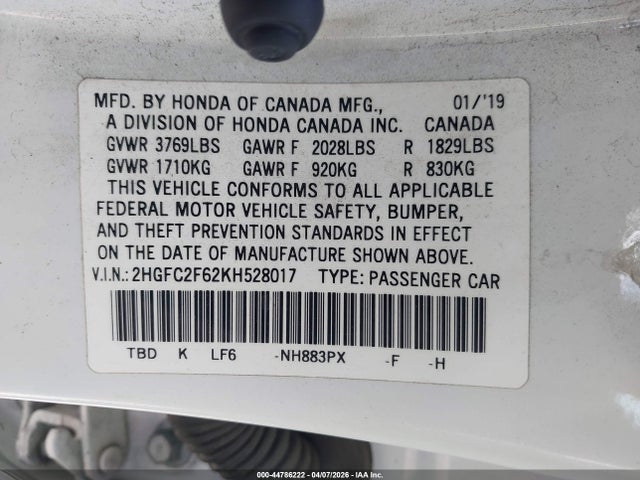 Продаж на аукціоні авто 2019 Honda Civic Lx, vin: 2HGFC2F62KH528017, номер лоту: 44786222