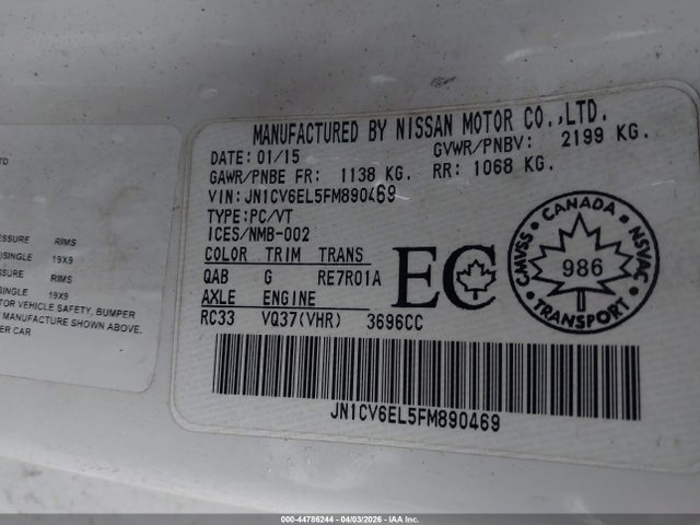 44786244 :رقم المزاد ، JN1CV6EL5FM890469 vin ، 2015 Infiniti Q60 مزاد بيع