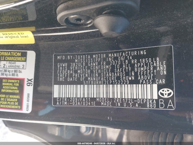 44786246 :رقم المزاد ، 5YFBURHE2EP152229 vin ، 2014 Toyota Corolla L مزاد بيع