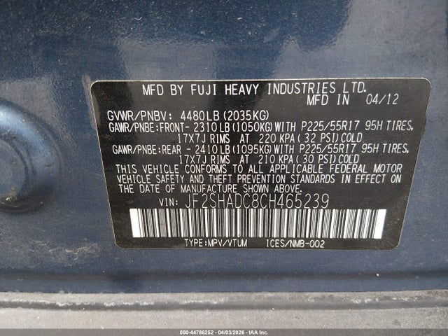 2012 Subaru Forester 2.5x Premium მანქანა იყიდება აუქციონზე, vin: JF2SHADC8CH465239, აუქციონის ნომერი: 44786252