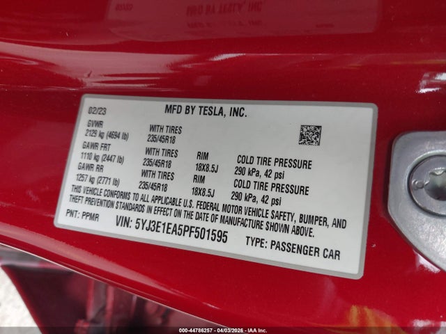 Продаж на аукціоні авто 2023 Tesla Model 3 Rear-wheel Drive, vin: 5YJ3E1EA5PF501595, номер лоту: 44786257