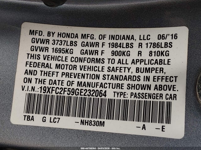 2016 Honda Civic Lx მანქანა იყიდება აუქციონზე, vin: 19XFC2F59GE232064, აუქციონის ნომერი: 44786264