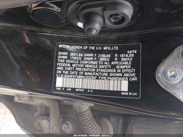 44786296 :رقم المزاد ، SHHFK7H65KU222347 vin ، 2019 Honda Civic Ex مزاد بيع