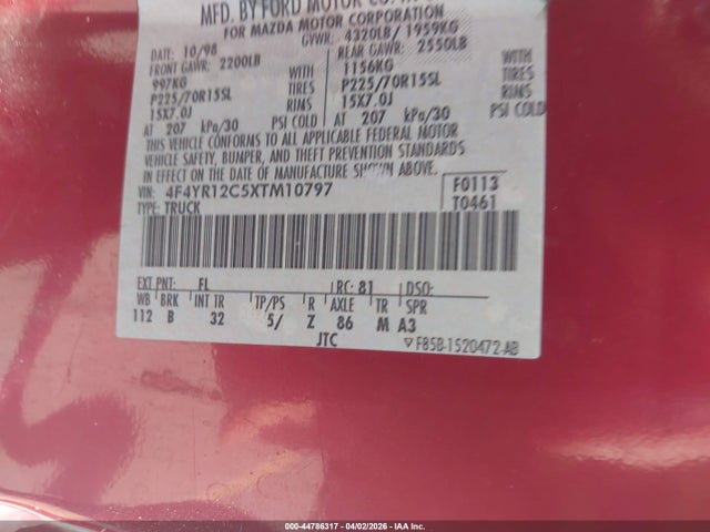 Продажа на аукционе авто 1999 Mazda B2500 Se/sx/tl, vin: 4F4YR12C5XTM10797, номер лота: 44786317