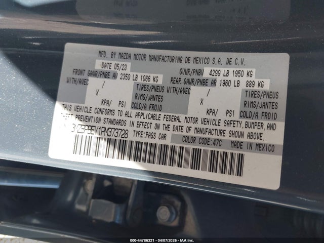 Aukcja sprzedaży 2023 Mazda Mazda3, vin: 3MZBPBEY1PM373728, numer aukcji: 44786321