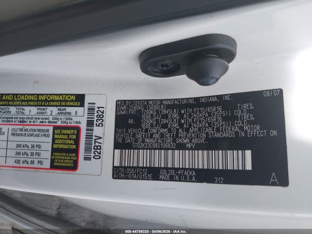Продаж на аукціоні авто 2008 Toyota Sienna Le, vin: 5TDZK23C98S106832, номер лоту: 44786325