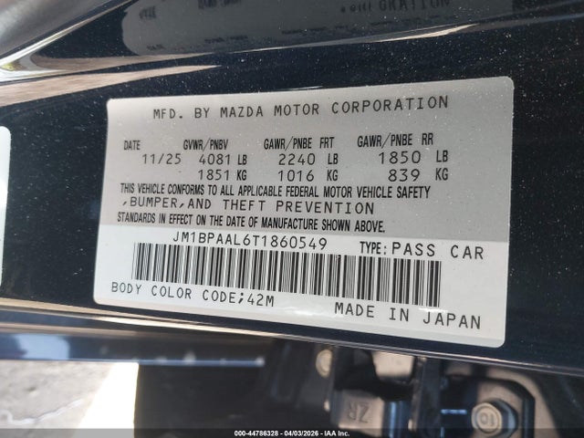 44786328 :رقم المزاد ، JM1BPAAL6T1860549 vin ، 2026 Mazda Mazda3 2.5 S مزاد بيع